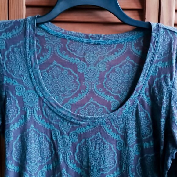 Maurices Women's Brown & Teal Sheer Damask Long Sleeve Pullover Top - Picture 3 of 10